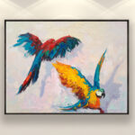 Parrots painting, original oil painting on canvas, hanging on a modern wall