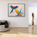 Parrots painting, original oil painting on canvas hanging in a modern living room with a beige sofa and home decor