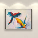 Parrots painting, original oil painting on canvas, hanging on a modern wall