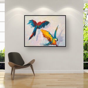 Parrots painting, original oil painting on canvas hanging in a modern living room with armchair and home decor