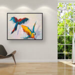 Parrots painting, original oil painting on canvas hanging in a modern living room with armchair and home decor