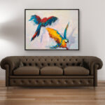 Parrots painting, original oil painting on canvas hanging in a modern living room with a brown sofa and home decor