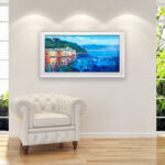 Portofino painting, original oil painting on canvas hanging in a modern living room with a white sofa and home decor