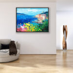 Portovenere painting, original oil painting on canvas hanging in a modern living room with a beige sofa and home decor