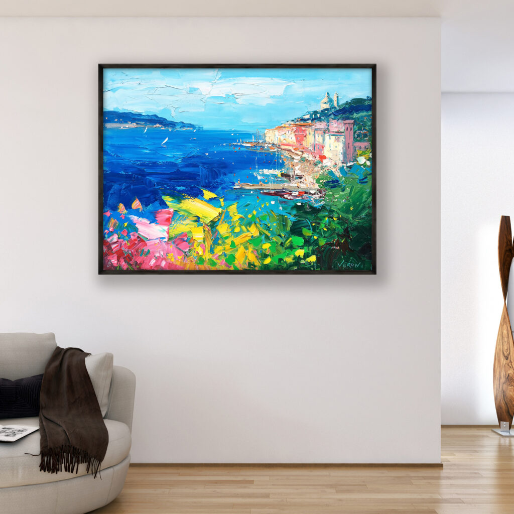 Portovenere painting, original oil painting on canvas hanging in a modern living room with a beige sofa and home decor