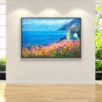 Positano oil painting on canvas, original modern impressionist Amalfi Coast wall art, framed, perfect for living room wall decor and as unique gift for her, displayed in a stylish living room