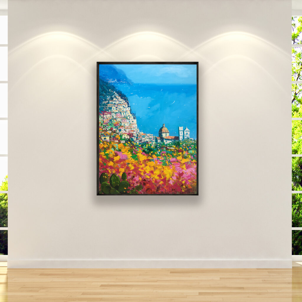 Positano painting, original oil painting on canvas hanging on a modern wall