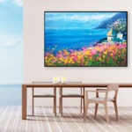 Positano oil painting on canvas, original modern impressionist Amalfi Coast wall art, framed, perfect for living room wall decor and as unique gift for her, displayed on the wall above a table in a stylish living room