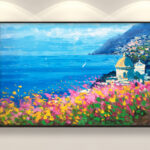 Positano oil painting on canvas, original modern impressionist Amalfi Coast wall art, framed, perfect for living room wall decor and as unique gift for her, displayed in a stylish living room