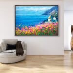 Positano oil painting on canvas, original modern impressionist Amalfi Coast wall art, framed, perfect for living room wall decor and as unique gift for her, displayed on the wall above a beige sofa in a stylish living room