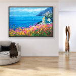 Positano oil painting on canvas, original modern impressionist Amalfi Coast wall art, framed, perfect for living room wall decor and as unique gift for her, displayed on the wall above a beige sofa in a stylish living room