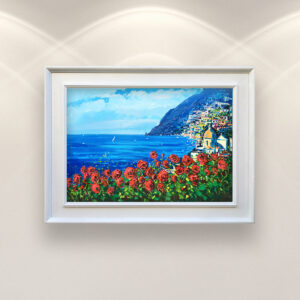 Positano oil painting on canvas with red roses, original floral Italian seascape painting, framed, perfect for living room wall decor and as unique gift for her, displayed on the wall above a white sofa in a stylish living room