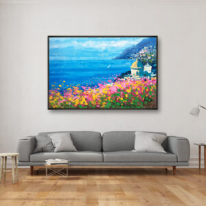 Positano oil painting on canvas, original modern impressionist Amalfi Coast wall art, framed, perfect for living room wall decor and as unique gift for her, displayed on the wall above a gray sofa in a stylish living room