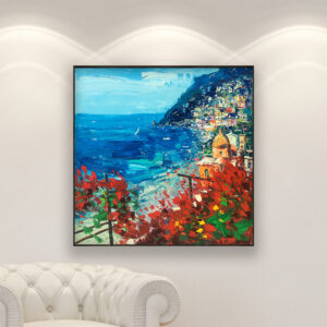 Positano oil painting on canvas with red flowers, original modern impressionist Amalfi Coast wall art, framed, perfect for living room wall decor and as unique gift for her, displayed on the wall above a white sofa in a stylish living room