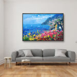 Positano painting, original oil painting on canvas hanging in a modern living room with a gray sofa