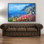 Positano painting, original oil painting on canvas hanging in a modern living room with a brown sofa