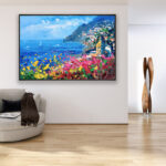 Positano painting, original oil painting on canvas hanging in a modern living room with a beige sofa