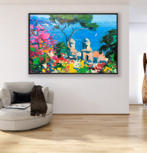 Ravello painting, original oil painting on canvas hanging in a modern living room with a beige sofa and home decor