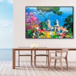 Ravello painting, original oil painting on canvas hanging in a modern living room with a table and ocean view