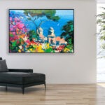 Ravello painting, original oil painting on canvas hanging in a modern living room with a black sofa