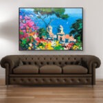 Ravello painting, original oil painting on canvas hanging in a modern living room with a brown sofa