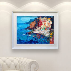 Riomaggiore Cinque Terre painting, original oil painting on canvas hanging in a modern living room with a white sofa