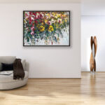 Roses painting, original oil painting on canvas hanging in a modern living room with a beige sofa and home decor