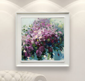 Purple roses painting, original oil painting on canvas hanging in a modern living room with a white sofa and home decor