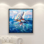 Sailboats painting, original oil painting on canvas hanging in a modern living room with a white sofa and home decor