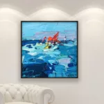 Sailboats painting, original oil painting on canvas hanging in a modern living room with a white sofa and home decor