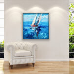 Sailboats painting, original oil painting on canvas hanging in a modern living room with a white sofa