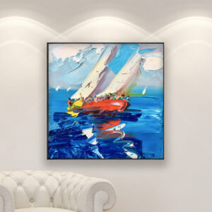 Sailboats painting, original oil painting on canvas hanging in a modern living room with a white sofa and home decor