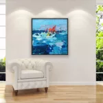 Sailboats painting, original oil painting on canvas hanging in a modern living room with a white sofa and home decor