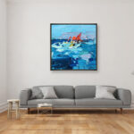 Sailboats painting, original oil painting on canvas hanging in a modern living room with a gray sofa and home decor