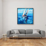 Vibrant sailboats painting, original oil painting on canvas hanging in a modern living room with a gray sofa and home decor