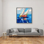 Sailboats painting, original oil painting on canvas hanging in a modern living room with a gray sofa and home decor