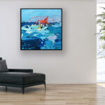 Sailboats painting, original oil painting on canvas hanging in a modern living room with a black sofa and home decor