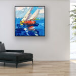 Sailboats painting, original oil painting on canvas hanging in a modern living room with a black sofa and home decor