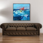 Sailboats painting, original oil painting on canvas hanging in a modern living room with a brown sofa and home decor