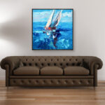 Vibrant Sailboats painting, original oil painting on canvas hanging in a modern living room with a brown sofa and home decor