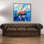 Sailboats painting, original oil painting on canvas hanging in a modern living room with a gray sofa and home decor