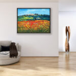 San Gimignano painting, original oil painting on canvas hanging in a modern living room with a beige sofa and home decor