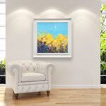 Seascape painting, original oil painting on canvas hanging in a modern living room with a white sofa and home decor