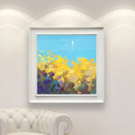 Seascape painting, original oil painting on canvas hanging in a modern living room with a white sofa and home decor