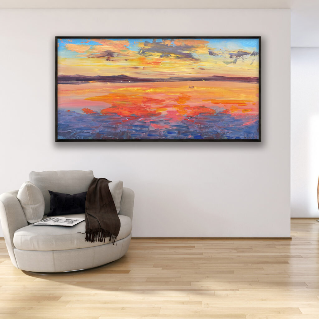 Sunset painting, original oil painting on canvas hanging in a modern living room with a beige sofa