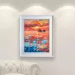 Sunset oil painting on canvas, original orange modern textured ocean wall art, vertical framed painting, perfect for room wall decor and as unique gift ideas, displayed on the wall in a stylish room