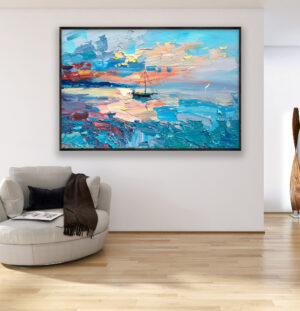 Sunset painting with Sailboat, original oil painting on canvas hanging in a modern living room with a beige sofa