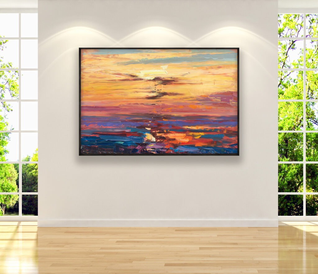 Sunset painting, original oil painting on canvas hanging on a modern wall