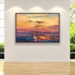 Sunset painting, original oil painting on canvas hanging on a modern wall