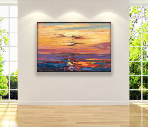 Sunset painting, original oil painting on canvas hanging on a modern wall